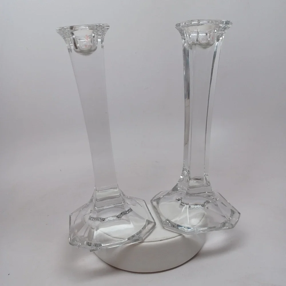 Vintage Clear Crystal Glass Hexagonal Base Taper Candlestick Holders Pair 7.75in